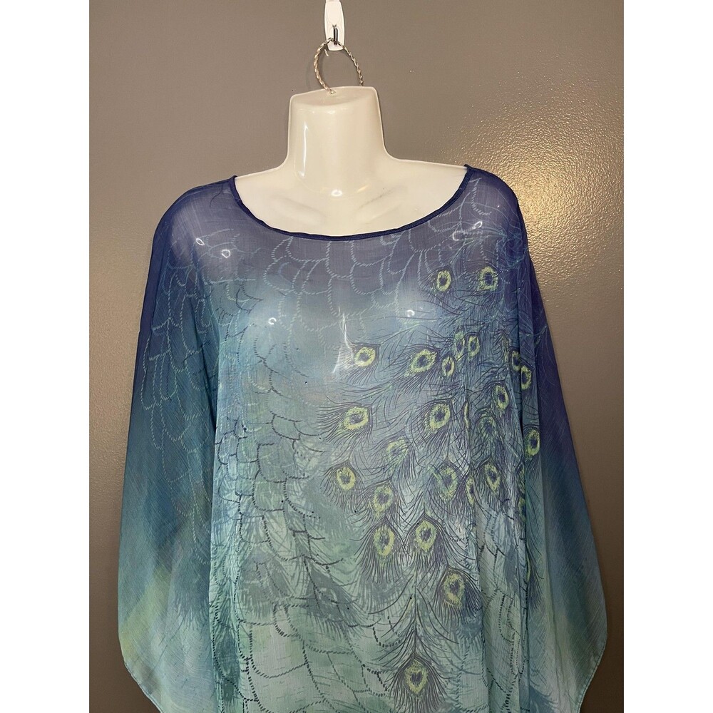 Decorated Originals Tunic Top Womens M-LG Blue Peacock Rhinestone Sheer Dolman